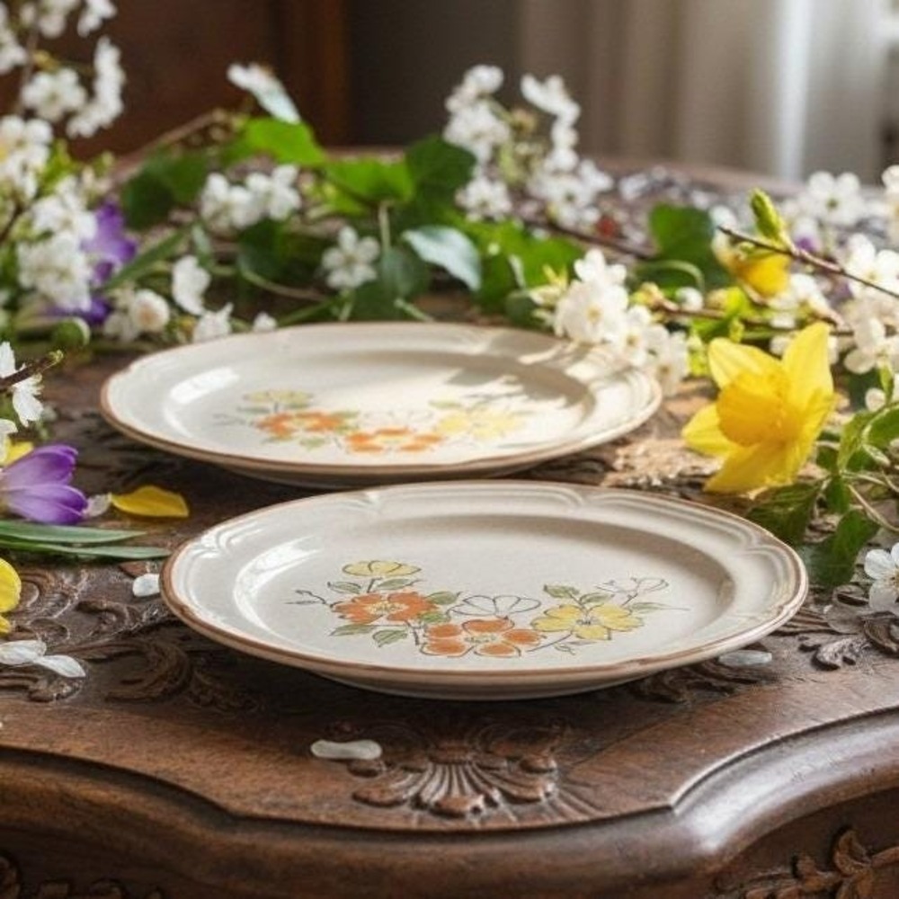 Hearthside Spring Garden Baroque Salad Plates, Set of 2 Vintage Floral Stoneware